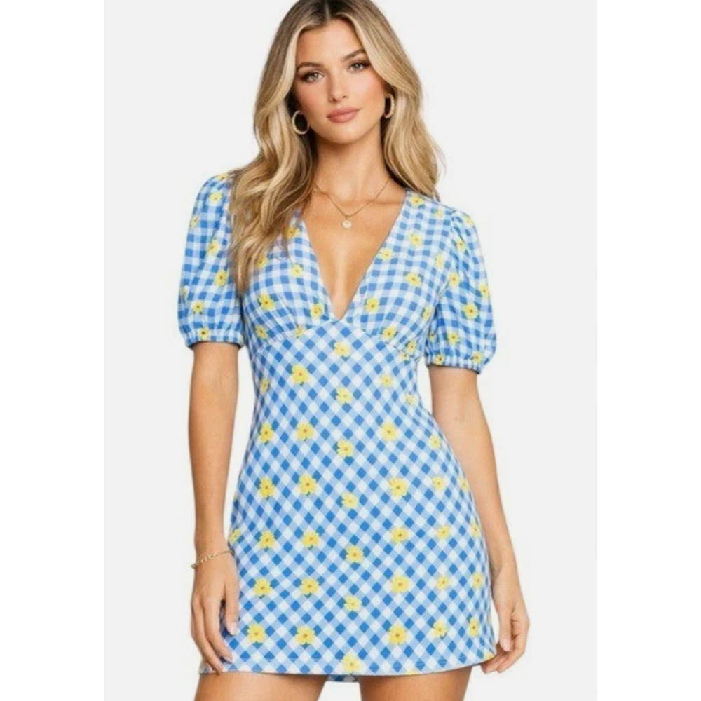NEW STAUD BLUE GINGHAM DAISY MILLA MINI DRESS SZ 14